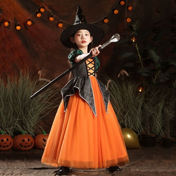 キッズドレス ハロウィン 魔女風 ウイッチ ドレス ロングドレス 袖あり 長袖 ロング丈 コスプレ コスチューム衣装 子供ドレス パーティードレス カラードレス ワンピース 上品 エレガント 女の子 子供 かわいい 演出 イベント 写真用 オレンジ 100 110 120 130 140 150 160 コスプレ・衣装のVings