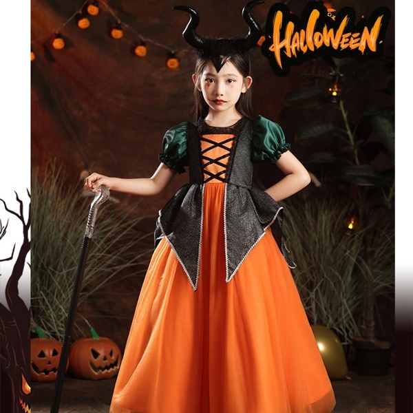 キッズドレス ハロウィン 魔女風 ウイッチ ドレス ロングドレス 袖あり 長袖 ロング丈 コスプレ コスチューム衣装 子供ドレス パーティードレス カラードレス ワンピース 上品 エレガント 女の子 子供 かわいい 演出 イベント 写真用 オレンジ 100 110 120 130 140 150 160 コスプレ・衣装のVings
