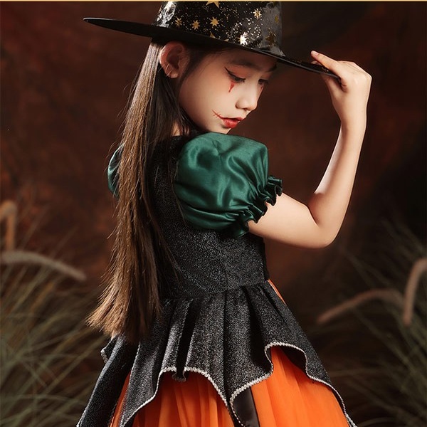 キッズドレス ハロウィン 魔女風 ウイッチ ドレス ロングドレス 袖あり 長袖 ロング丈 コスプレ コスチューム衣装 子供ドレス パーティードレス カラードレス ワンピース 上品 エレガント 女の子 子供 かわいい 演出 イベント 写真用 オレンジ 100 110 120 130 140 150 160 コスプレ・衣装のVings