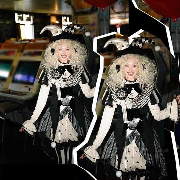 ロリータ コスチューム ハロウィン ピエロ風 ブラウス スカート パンツ 7点セット ゴシック リボン レディース ゴスロリ 暗黒風 ロリィタファッション 長袖 フリル コスプレ 衣装 洋服 可愛い 日常 仮装 パーティ サーカス イベント ステージ 文化祭 学園祭 ブラック 黒 S M L コスプレ・衣装のVings