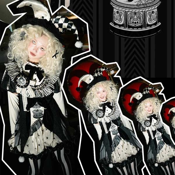 ロリータ コスチューム ハロウィン ピエロ風 ブラウス スカート パンツ 7点セット ゴシック リボン レディース ゴスロリ 暗黒風 ロリィタファッション 長袖 フリル コスプレ 衣装 洋服 可愛い 日常 仮装 パーティ サーカス イベント ステージ 文化祭 学園祭 ブラック 黒 S M L コスプレ・衣装のVings