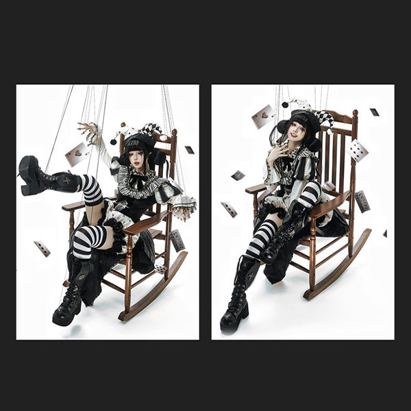 ロリータ コスチューム ハロウィン ピエロ風 ブラウス スカート パンツ 7点セット ゴシック リボン レディース ゴスロリ 暗黒風 ロリィタファッション 長袖 フリル コスプレ 衣装 洋服 可愛い 日常 仮装 パーティ サーカス イベント ステージ 文化祭 学園祭 ブラック 黒 S M L コスプレ・衣装のVings