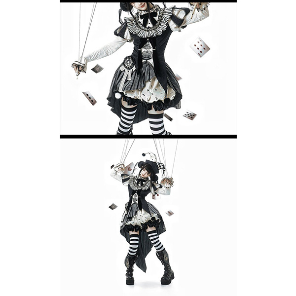 ロリータ コスチューム ハロウィン ピエロ風 ブラウス スカート パンツ 7点セット ゴシック リボン レディース ゴスロリ 暗黒風 ロリィタファッション 長袖 フリル コスプレ 衣装 洋服 可愛い 日常 仮装 パーティ サーカス イベント ステージ 文化祭 学園祭 ブラック 黒 S M L コスプレ・衣装のVings
