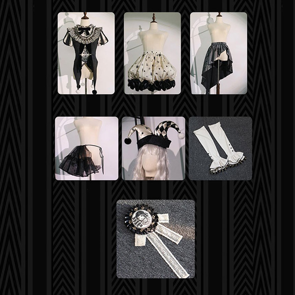 ロリータ コスチューム ハロウィン ピエロ風 ブラウス スカート パンツ 7点セット ゴシック リボン レディース ゴスロリ 暗黒風 ロリィタファッション 長袖 フリル コスプレ 衣装 洋服 可愛い 日常 仮装 パーティ サーカス イベント ステージ 文化祭 学園祭 ブラック 黒 S M L コスプレ・衣装のVings