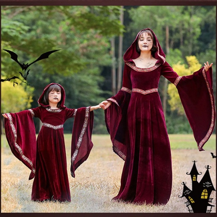 ハロウィン キッズドレス ドレス レディース 親子お揃い 魔女 ウイッチ ハット ロングドレス 袖あり 長袖 ロング丈 コスプレ コスチューム衣装 子供ドレス パーティー 上品 エレガント 女の子 子供 かわいい 演出 イベント ブラック 黒 ワインレッド 110-140 S-XL コスプレ・衣装のVings