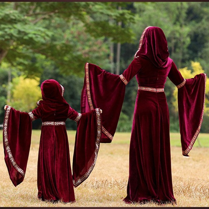 ハロウィン キッズドレス ドレス レディース 親子お揃い 魔女 ウイッチ ハット ロングドレス 袖あり 長袖 ロング丈 コスプレ コスチューム衣装 子供ドレス パーティー 上品 エレガント 女の子 子供 かわいい 演出 イベント ブラック 黒 ワインレッド 110-140 S-XL コスプレ・衣装のVings