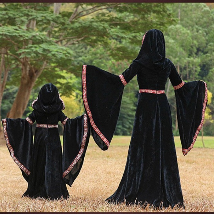 ハロウィン キッズドレス ドレス レディース 親子お揃い 魔女 ウイッチ ハット ロングドレス 袖あり 長袖 ロング丈 コスプレ コスチューム衣装 子供ドレス パーティー 上品 エレガント 女の子 子供 かわいい 演出 イベント ブラック 黒 ワインレッド 110-140 S-XL コスプレ・衣装のVings
