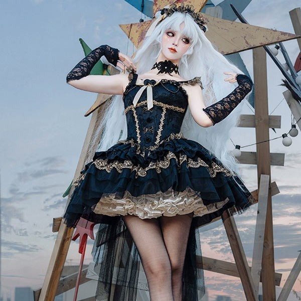 ワンピース ロリータ ハロウィン バレエコア風 ショート丈 ミニ レディース ノースリーブ ゴスロリ ゴシック 暗黒風 ロリィタファッション リボン レース フリル コスチューム コスプレ 衣装 仮装 可愛い パーティー 文化祭 イベント ゴールド ブラック 黒 S M L コスプレ・衣装のVings