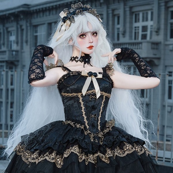 ワンピース ロリータ ハロウィン バレエコア風 ショート丈 ミニ レディース ノースリーブ ゴスロリ ゴシック 暗黒風 ロリィタファッション リボン レース フリル コスチューム コスプレ 衣装 仮装 可愛い パーティー 文化祭 イベント ゴールド ブラック 黒 S M L コスプレ・衣装のVings