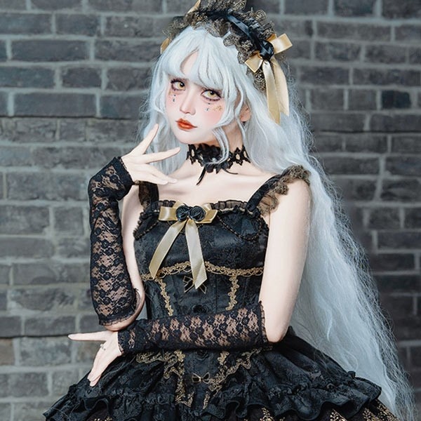 ワンピース ロリータ ハロウィン バレエコア風 ショート丈 ミニ レディース ノースリーブ ゴスロリ ゴシック 暗黒風 ロリィタファッション リボン レース フリル コスチューム コスプレ 衣装 仮装 可愛い パーティー 文化祭 イベント ゴールド ブラック 黒 S M L コスプレ・衣装のVings