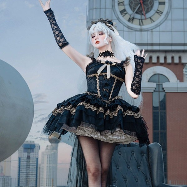 ワンピース ロリータ ハロウィン バレエコア風 ショート丈 ミニ レディース ノースリーブ ゴスロリ ゴシック 暗黒風 ロリィタファッション リボン レース フリル コスチューム コスプレ 衣装 仮装 可愛い パーティー 文化祭 イベント ゴールド ブラック 黒 S M L コスプレ・衣装のVings