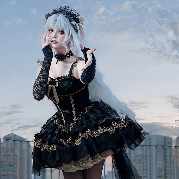 ワンピース ロリータ ハロウィン バレエコア風 ショート丈 ミニ レディース ノースリーブ ゴスロリ ゴシック 暗黒風 ロリィタファッション リボン レース フリル コスチューム コスプレ 衣装 仮装 可愛い パーティー 文化祭 イベント ゴールド ブラック 黒 S M L コスプレ・衣装のVings