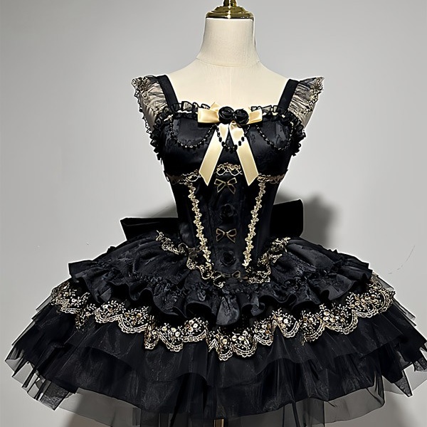ワンピース ロリータ ハロウィン バレエコア風 ショート丈 ミニ レディース ノースリーブ ゴスロリ ゴシック 暗黒風 ロリィタファッション リボン レース フリル コスチューム コスプレ 衣装 仮装 可愛い パーティー 文化祭 イベント ゴールド ブラック 黒 S M L コスプレ・衣装のVings