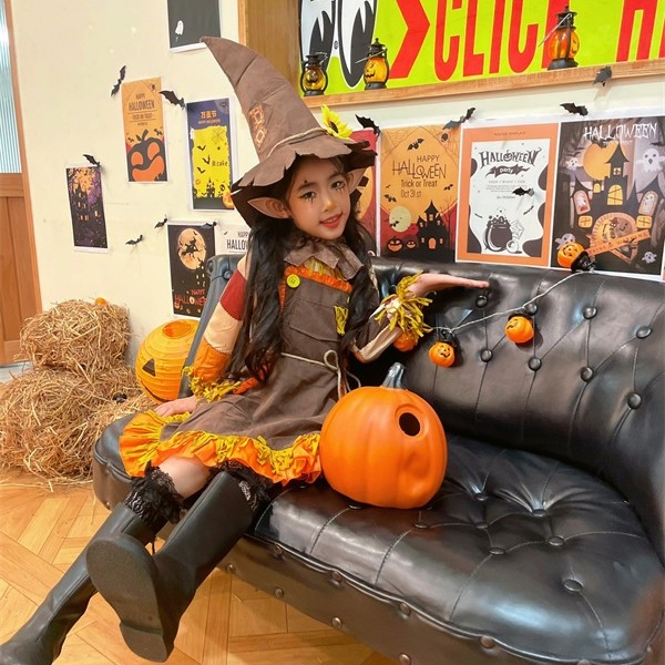 ハロウィン 女の子 稲妻風 コスプレ キッズ 衣装 かかし風 ドレス かぼちゃ風 仮装 子供用 ワンピース 農場風 コスチューム 秋 イベント 発表会 かわいい ステージ衣装 ハット付き コスプレ・衣装のVings