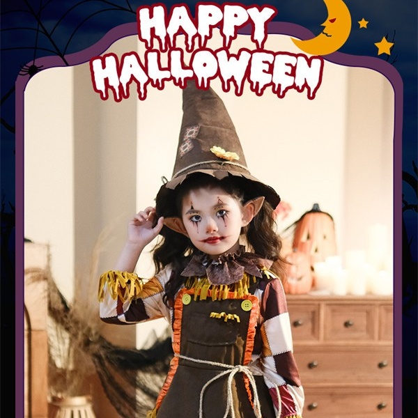 ハロウィン 女の子 稲妻風 コスプレ キッズ 衣装 かかし風 ドレス かぼちゃ風 仮装 子供用 ワンピース 農場風 コスチューム 秋 イベント 発表会 かわいい ステージ衣装 ハット付き コスプレ・衣装のVings