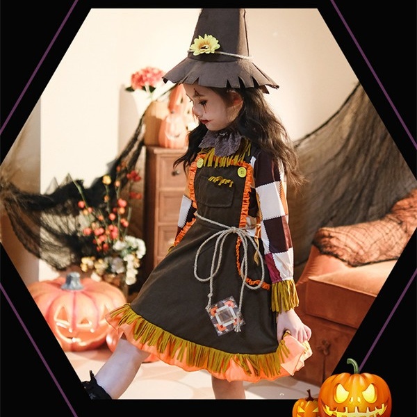 ハロウィン 女の子 稲妻風 コスプレ キッズ 衣装 かかし風 ドレス かぼちゃ風 仮装 子供用 ワンピース 農場風 コスチューム 秋 イベント 発表会 かわいい ステージ衣装 ハット付き コスプレ・衣装のVings