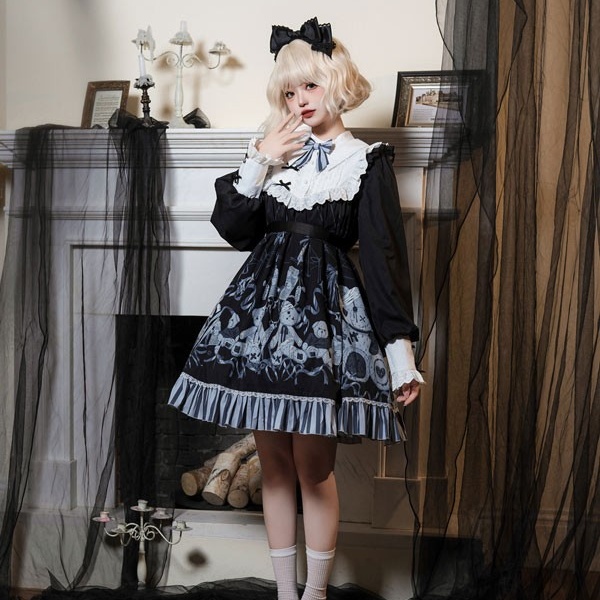 ワンピース ロリータ ハロウィン テディベア柄 ショート丈 ミニ レディース 長袖 ゴスロリ ゴシック 秋冬 暗黒風 リボン レース ロリィタファッション フリル ロリータワンピース コスチューム コスプレ 衣装 可愛い 仮装 パーティー イベント 文化祭 ブラック 黒 S M L コスプレ・衣装のVings