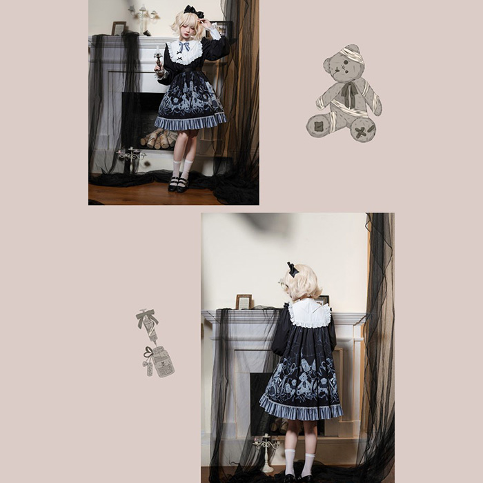 ワンピース ロリータ ハロウィン テディベア柄 ショート丈 ミニ レディース 長袖 ゴスロリ ゴシック 秋冬 暗黒風 リボン レース ロリィタファッション フリル ロリータワンピース コスチューム コスプレ 衣装 可愛い 仮装 パーティー イベント 文化祭 ブラック 黒 S M L コスプレ・衣装のVings