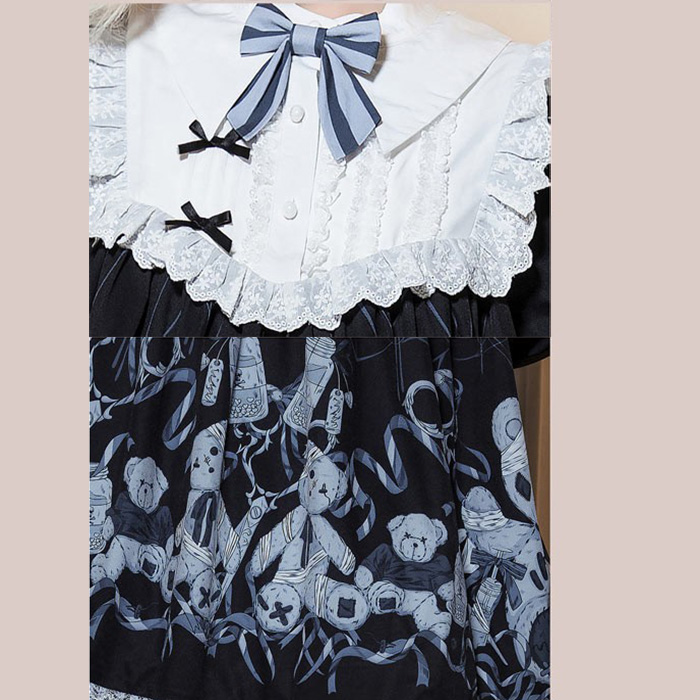 ワンピース ロリータ ハロウィン テディベア柄 ショート丈 ミニ レディース 長袖 ゴスロリ ゴシック 秋冬 暗黒風 リボン レース ロリィタファッション フリル ロリータワンピース コスチューム コスプレ 衣装 可愛い 仮装 パーティー イベント 文化祭 ブラック 黒 S M L コスプレ・衣装のVings
