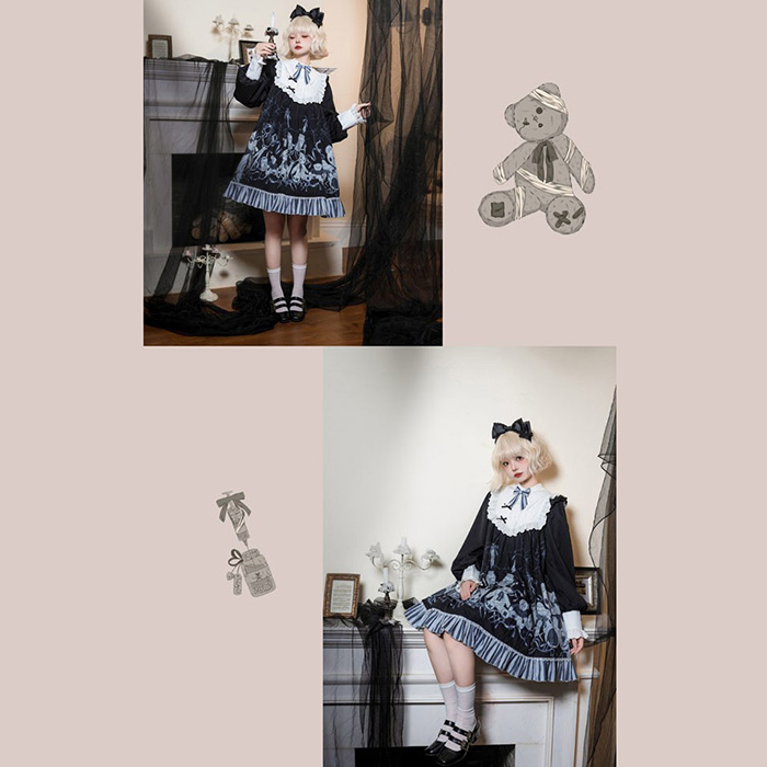 ワンピース ロリータ ハロウィン テディベア柄 ショート丈 ミニ レディース 長袖 ゴスロリ ゴシック 秋冬 暗黒風 リボン レース ロリィタファッション フリル ロリータワンピース コスチューム コスプレ 衣装 可愛い 仮装 パーティー イベント 文化祭 ブラック 黒 S M L コスプレ・衣装のVings