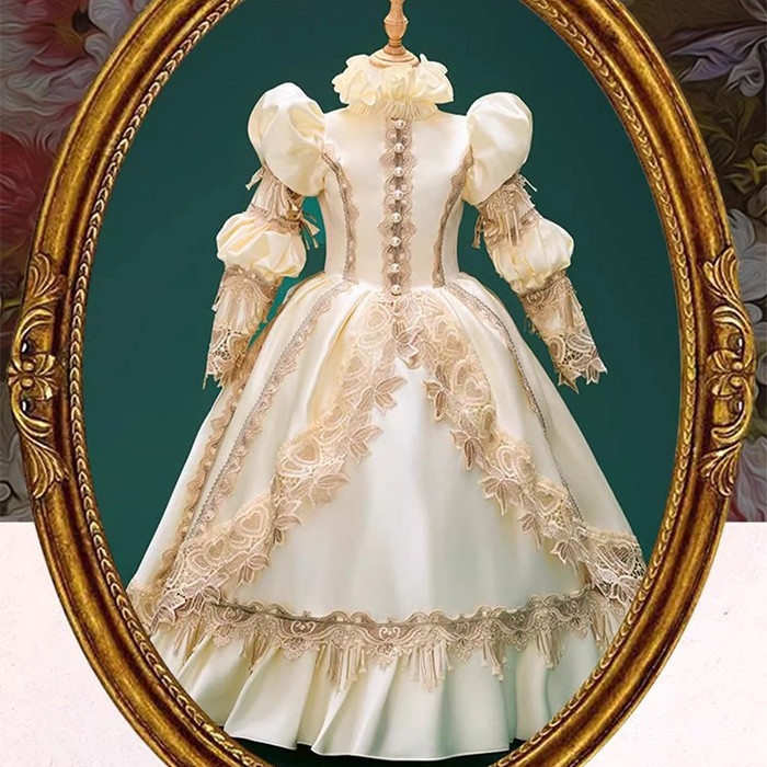 貴族 ドレス 中世 ヨーロッパ キッズ 舞踏会 ロングドレス 舞台 演劇 ステージ衣装 コスプレ 演奏会 お姫様 宮廷 パーティドレス コスチューム 女の子 子供 120 130 140 プリンセス フリル レース 刺繍 編み上げ 帽子 ロココ調 撮影 クリスマス ハロウィン シャンパン コスプレ・衣装のVings