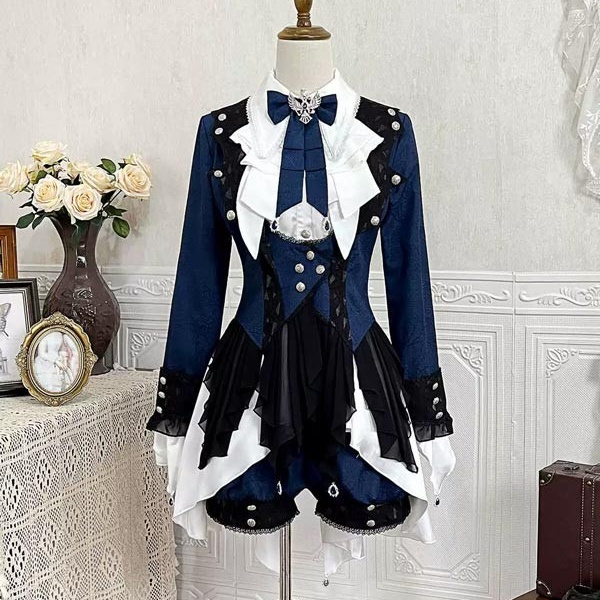 王子風ロリータ 皇子系 少年装 3点セット 上品 エレガント 男装 王子装 王子系 リボン ゴスロリ服 レトロ風 長袖 春 リボン ロリィタ ステージ服 コスチューム 仮装 コスプレ サブカル系 可愛い 男女兼用 宮廷服 舞台 衣装 ステージ イベント 文化祭 学園祭 オーバーオール パンツ Gothic Lolita Prince Lolita ブルー S M L コスプレ・衣装のVings