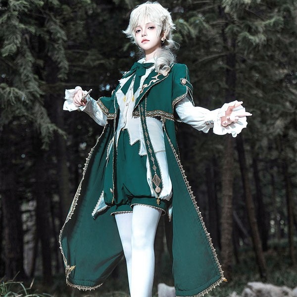 王子風ロリータ 皇子系 少年装 マント 男装 王子装 王子系 軍服風 ゴスロリ服 レトロ風 長袖 春 リボン ロリィタ ステージ服 コスチューム 仮装 コスプレ サブカル系 可愛い 男女兼用 宮廷服 舞台 イベント 文化祭 学園祭 3点セット オーバーオール パンツ ショートパンツ Gothic Lolita Prince Lolita グリーン S M L コスプレ・衣装のVings