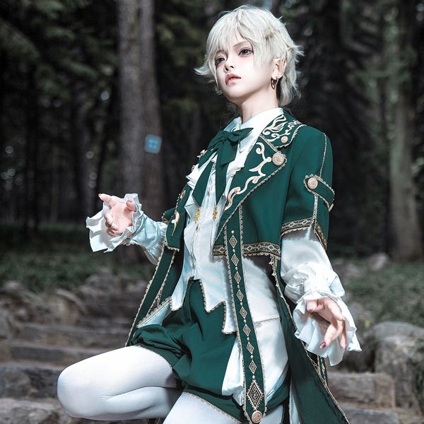 王子風ロリータ 皇子系 少年装 マント 男装 王子装 王子系 軍服風 ゴスロリ服 レトロ風 長袖 春 リボン ロリィタ ステージ服 コスチューム 仮装 コスプレ サブカル系 可愛い 男女兼用 宮廷服 舞台 イベント 文化祭 学園祭 3点セット オーバーオール パンツ ショートパンツ Gothic Lolita Prince Lolita グリーン S M L コスプレ・衣装のVings