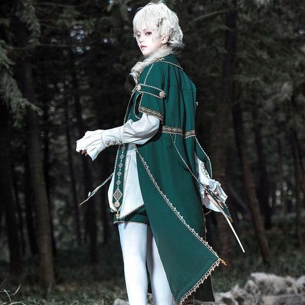 王子風ロリータ 皇子系 少年装 マント 男装 王子装 王子系 軍服風 ゴスロリ服 レトロ風 長袖 春 リボン ロリィタ ステージ服 コスチューム 仮装 コスプレ サブカル系 可愛い 男女兼用 宮廷服 舞台 イベント 文化祭 学園祭 3点セット オーバーオール パンツ ショートパンツ Gothic Lolita Prince Lolita グリーン S M L コスプレ・衣装のVings