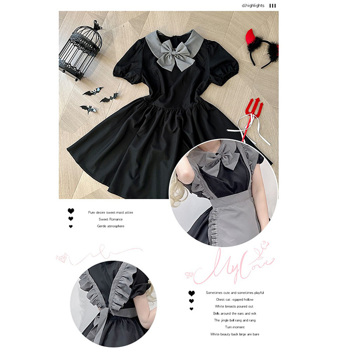 ロリータ メイド服 ワンピース Lolita 袖あり 通販 文化祭 学園祭 コスプレ衣装 ゴスロリ ゴシック コスチューム アニメ オールシーズン ハロウィンコスチューム コスプレ おすすめ 可愛い グレー ハロウィン クリスマス S M L コスプレ・衣装のVings