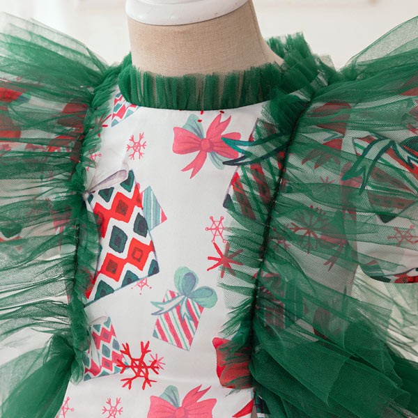 キッズドレス クリスマス風 ギフト柄 パフスリーブ ドレス ショート丈 半袖 ミニ フリル コスチューム衣装 子供ドレス パーティードレス カラードレス ワンピース お姫様 女の子 子供 かわいい ステージ 演出 イベント 写真用 ホワイト グリーン レッド 110 120 130 140 150 コスプレ・衣装のVings