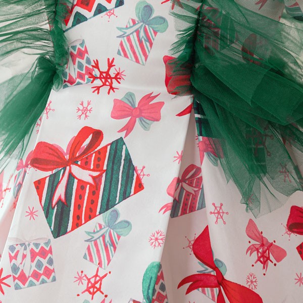 キッズドレス クリスマス風 ギフト柄 パフスリーブ ドレス ショート丈 半袖 ミニ フリル コスチューム衣装 子供ドレス パーティードレス カラードレス ワンピース お姫様 女の子 子供 かわいい ステージ 演出 イベント 写真用 ホワイト グリーン レッド 110 120 130 140 150 コスプレ・衣装のVings