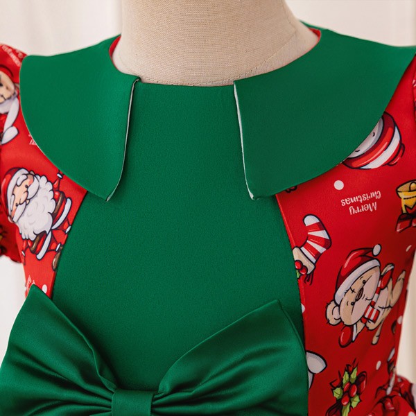 キッズドレス クリスマス風 サンタ柄 サンタクロース ビッグリボン パフスリーブ ドレス ショート丈 半袖 ミニ コスチューム衣装 子供ドレス パーティードレス カラードレス ワンピース 女の子 子供 かわいい ステージ 演出 イベント 写真用 レッド 110 120 130 140 150 コスプレ・衣装のVings