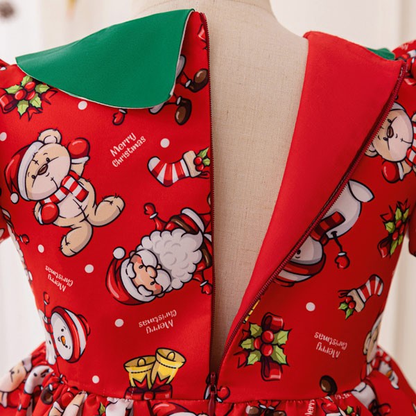 キッズドレス クリスマス風 サンタ柄 サンタクロース ビッグリボン パフスリーブ ドレス ショート丈 半袖 ミニ コスチューム衣装 子供ドレス パーティードレス カラードレス ワンピース 女の子 子供 かわいい ステージ 演出 イベント 写真用 レッド 110 120 130 140 150 コスプレ・衣装のVings