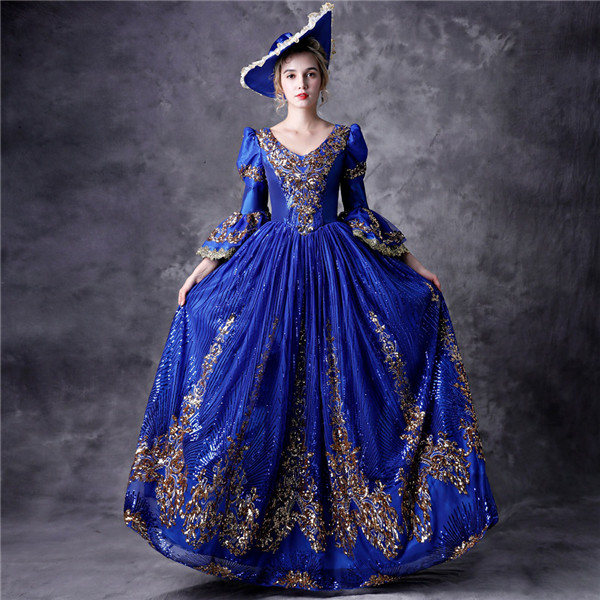 ヨーロッパ ドラマ 劇場 中世貴族風 ブルー 宮廷ドレス 衣装 キラキラ ロイヤルプリンセスドレス Vings(ヴィングス)