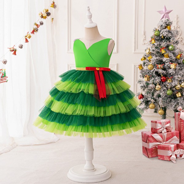キッズドレス クリスマスツリー風 ティアードスカート リボン ドレス 膝丈 袖なし ノースリーブ Vネック コスチューム衣装 子供ドレス パーティードレス カラードレス ワンピース お姫様 プリンセス風 女の子 子供 かわいい ステージ 演出 イベント 写真用 グリーン 110 120 130 140 150 コスプレ・衣装のVings