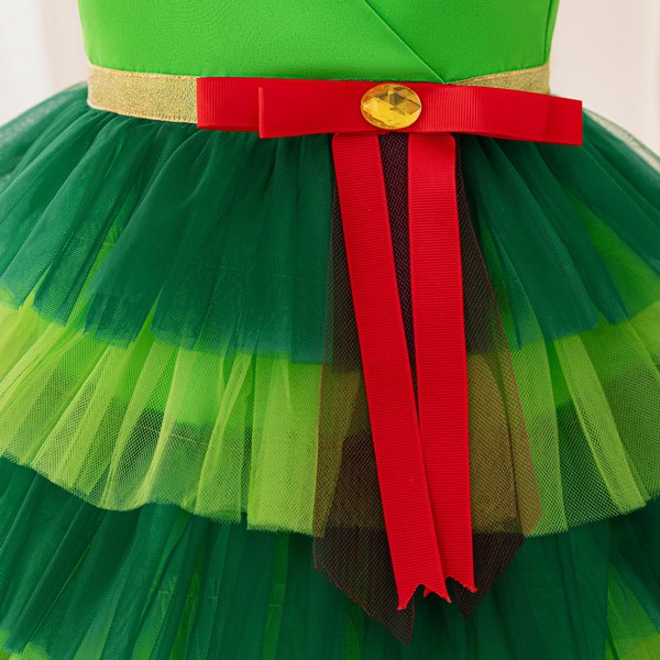 キッズドレス クリスマスツリー風 ティアードスカート リボン ドレス 膝丈 袖なし ノースリーブ Vネック コスチューム衣装 子供ドレス パーティードレス カラードレス ワンピース お姫様 プリンセス風 女の子 子供 かわいい ステージ 演出 イベント 写真用 グリーン 110 120 130 140 150 コスプレ・衣装のVings
