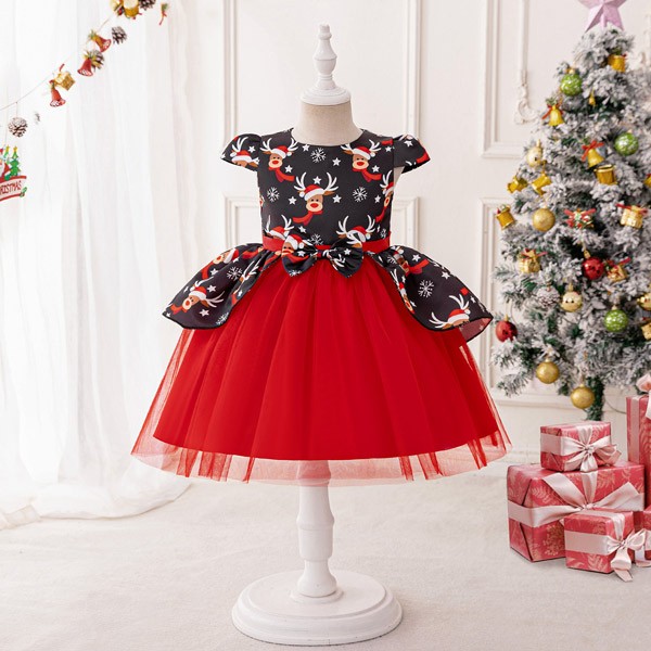 キッズドレス クリスマス風 トナカイ柄 リボン ドレス 膝丈 半袖 コスチューム衣装 子供ドレス パーティードレス カラードレス ワンピース お姫様 プリンセス風 女の子 子供 かわいい オシャレ ステージ 演出 イベント 写真用 レッド ブラック 110 120 130 140 150 コスプレ・衣装のVings
