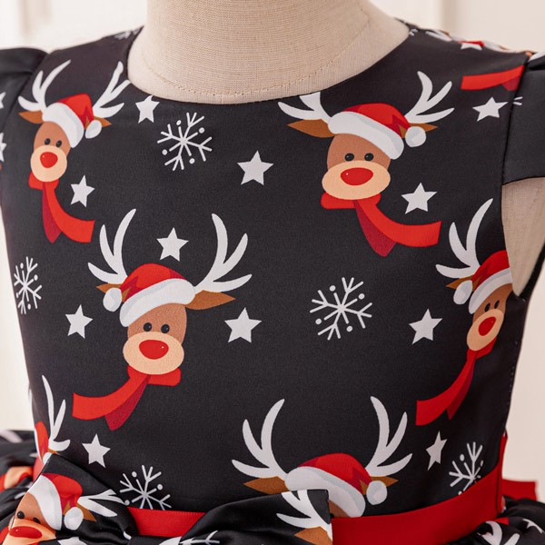 キッズドレス クリスマス風 トナカイ柄 リボン ドレス 膝丈 半袖 コスチューム衣装 子供ドレス パーティードレス カラードレス ワンピース お姫様 プリンセス風 女の子 子供 かわいい オシャレ ステージ 演出 イベント 写真用 レッド ブラック 110 120 130 140 150 コスプレ・衣装のVings