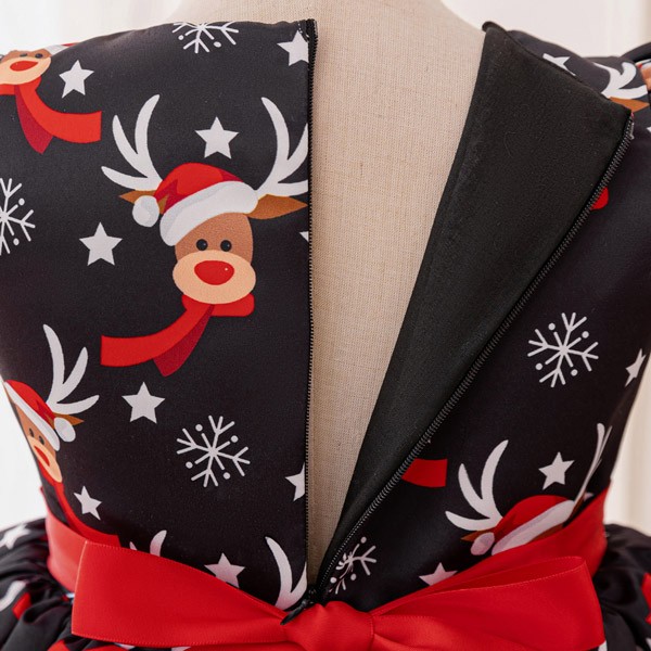 キッズドレス クリスマス風 トナカイ柄 リボン ドレス 膝丈 半袖 コスチューム衣装 子供ドレス パーティードレス カラードレス ワンピース お姫様 プリンセス風 女の子 子供 かわいい オシャレ ステージ 演出 イベント 写真用 レッド ブラック 110 120 130 140 150 コスプレ・衣装のVings