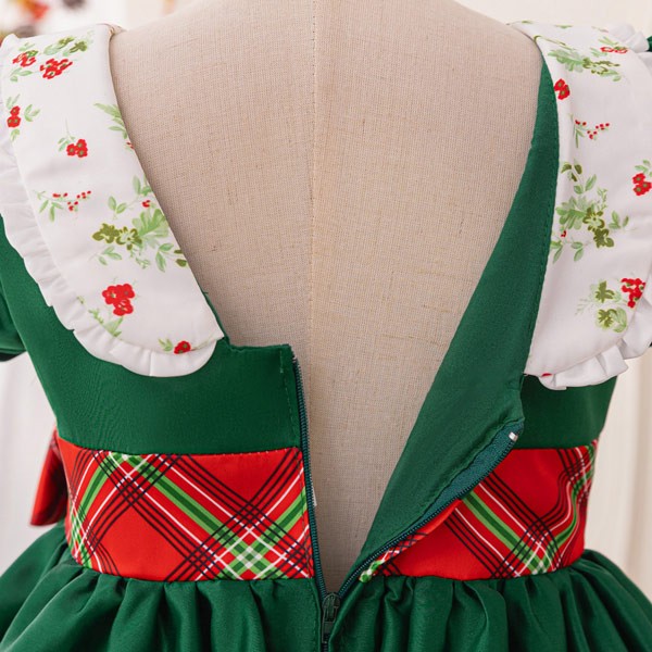 キッズドレス クリスマス風 チェック柄 ビッグリボン ドレス ショート丈 半袖 ミニ コスチューム衣装 子供ドレス パーティードレス カラードレス ワンピース お姫様 女の子 子供 かわいい ステージ 演出 イベント 写真用 グリーン レッド 110 120 130 140 150 コスプレ・衣装のVings