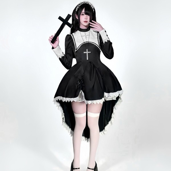 ダークゴシック シスター ドレス 女姓用ハロウィン コスプレ サブカル ゴスロリ刺繍クロス 甘クール 修道服 悪魔 天使 聖女 黒 ブラック パーティー 舞台 演出 コスチューム コスプレ・衣装のVings