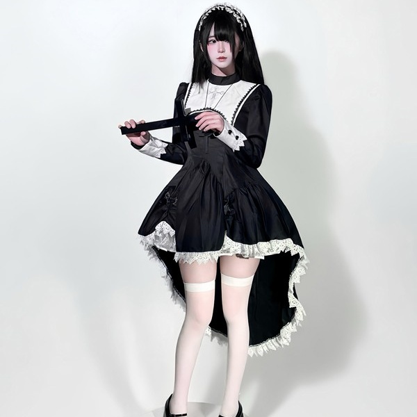 ダークゴシック シスター ドレス 女姓用ハロウィン コスプレ サブカル ゴスロリ刺繍クロス 甘クール 修道服 悪魔 天使 聖女 黒 ブラック パーティー 舞台 演出 コスチューム コスプレ・衣装のVings