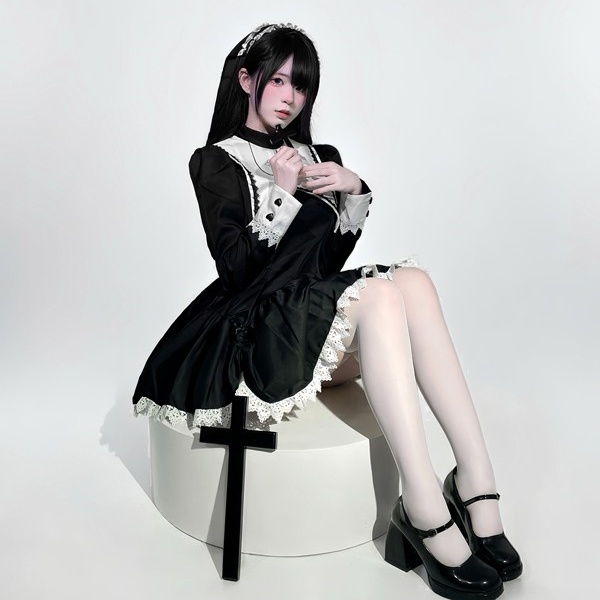 ダークゴシック シスター ドレス 女姓用ハロウィン コスプレ サブカル ゴスロリ刺繍クロス 甘クール 修道服 悪魔 天使 聖女 黒 ブラック パーティー 舞台 演出 コスチューム コスプレ・衣装のVings