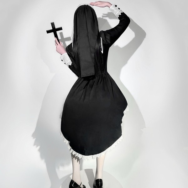 ダークゴシック シスター ドレス 女姓用ハロウィン コスプレ サブカル ゴスロリ刺繍クロス 甘クール 修道服 悪魔 天使 聖女 黒 ブラック パーティー 舞台 演出 コスチューム コスプレ・衣装のVings