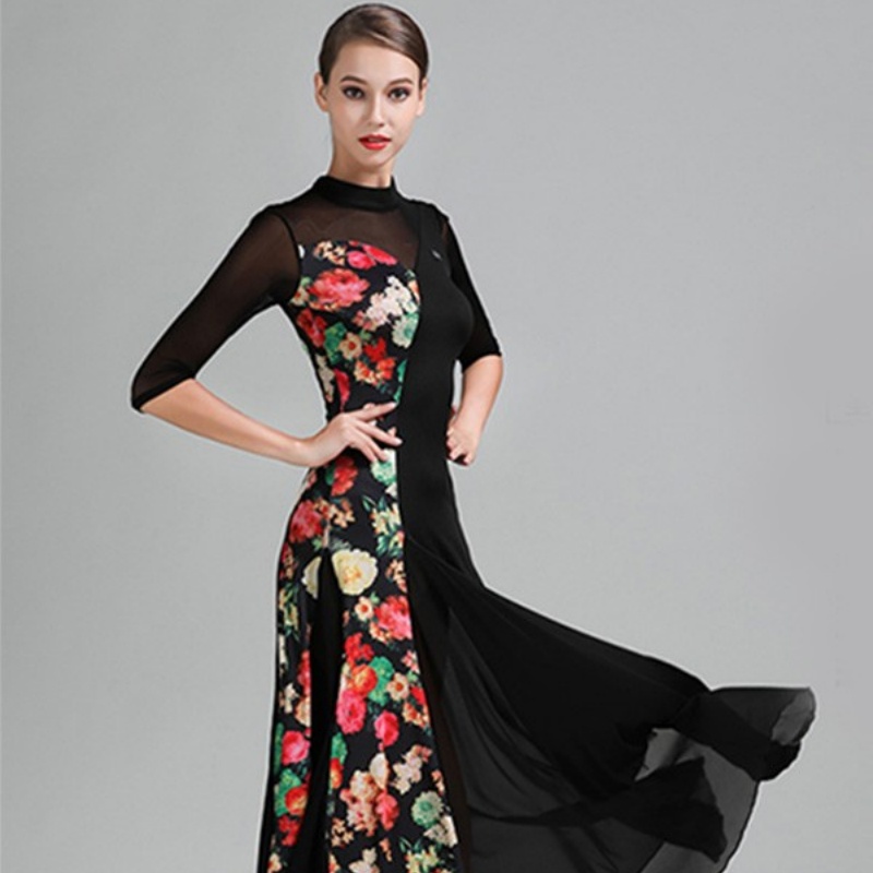 社交ダンス衣装 社交ダンス ドレス 社交 ダンス練習着 花柄 ワンピース 広がる裾 レッスン着 発表会 競技着 演出用 ストレッチ スタンダード ブラック イエロー S~3L コスプレ・衣装のVings