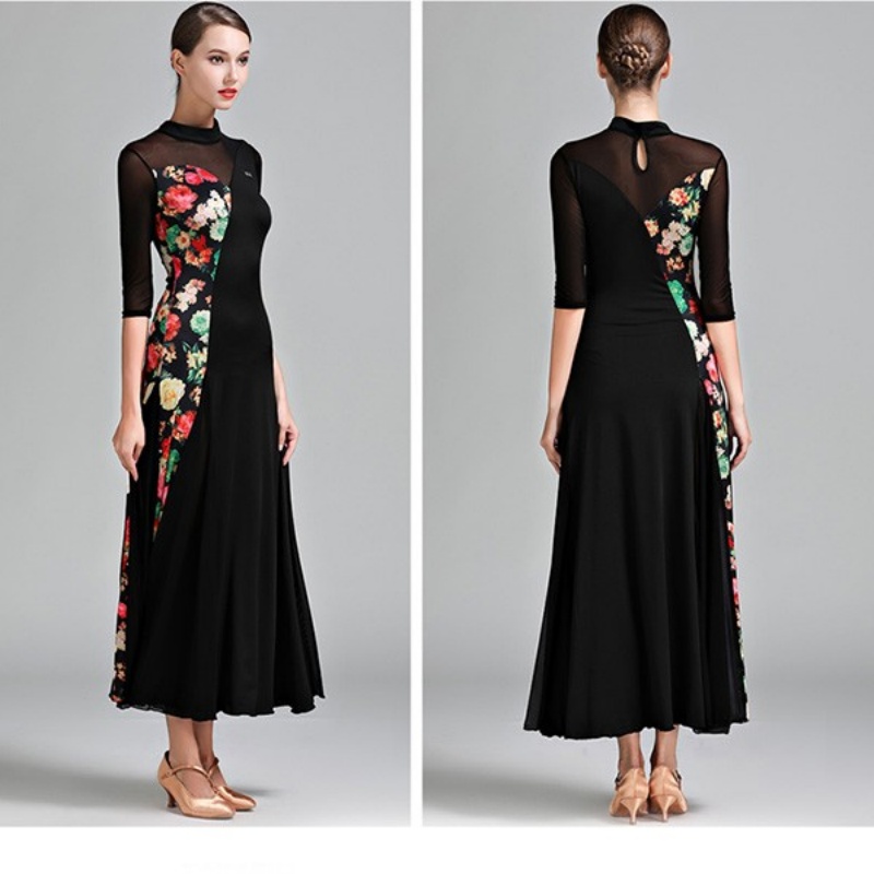 社交ダンス衣装 社交ダンス ドレス 社交 ダンス練習着 花柄 ワンピース 広がる裾 レッスン着 発表会 競技着 演出用 ストレッチ スタンダード ブラック イエロー S~3L コスプレ・衣装のVings