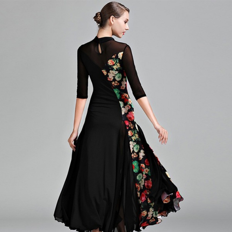 社交ダンス衣装 社交ダンス ドレス 社交 ダンス練習着 花柄 ワンピース 広がる裾 レッスン着 発表会 競技着 演出用 ストレッチ スタンダード ブラック イエロー S~3L コスプレ・衣装のVings