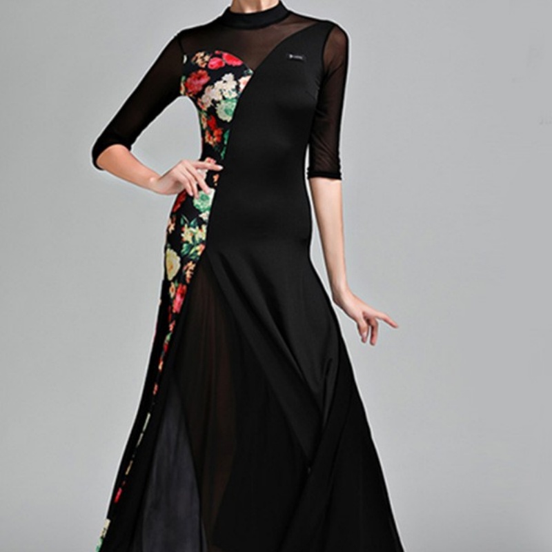 社交ダンス衣装 社交ダンス ドレス 社交 ダンス練習着 花柄 ワンピース 広がる裾 レッスン着 発表会 競技着 演出用 ストレッチ スタンダード ブラック イエロー S~3L コスプレ・衣装のVings