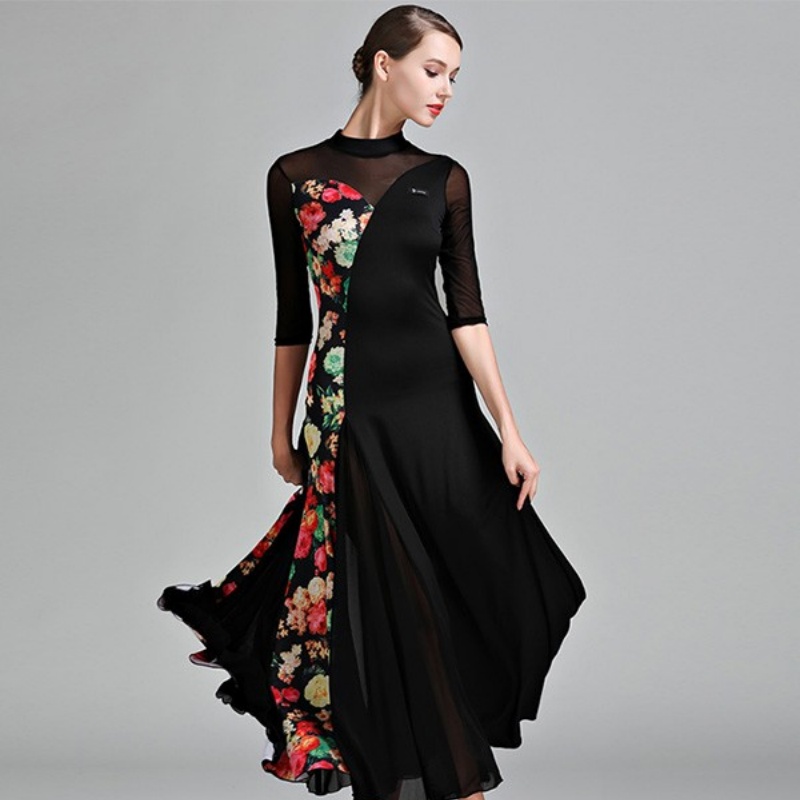 社交ダンス衣装 社交ダンス ドレス 社交 ダンス練習着 花柄 ワンピース 広がる裾 レッスン着 発表会 競技着 演出用 ストレッチ スタンダード ブラック イエロー S~3L コスプレ・衣装のVings